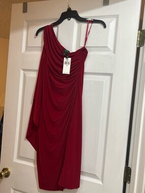 Ralph Lauren One-Shoulder Draped Burgundy Cocktail Dress